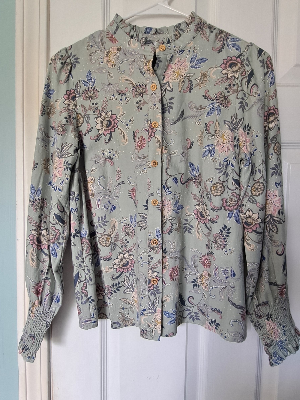 J. Jill Mint Green Floral Ruffle Collar Blouse